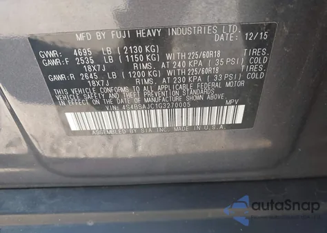 2016 Subaru Outback 2.5I Limited из США, поврежденный, VIN 4S4BSAJC1G3270005